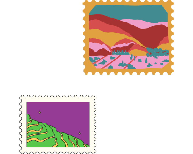 carte postales dans des timbres